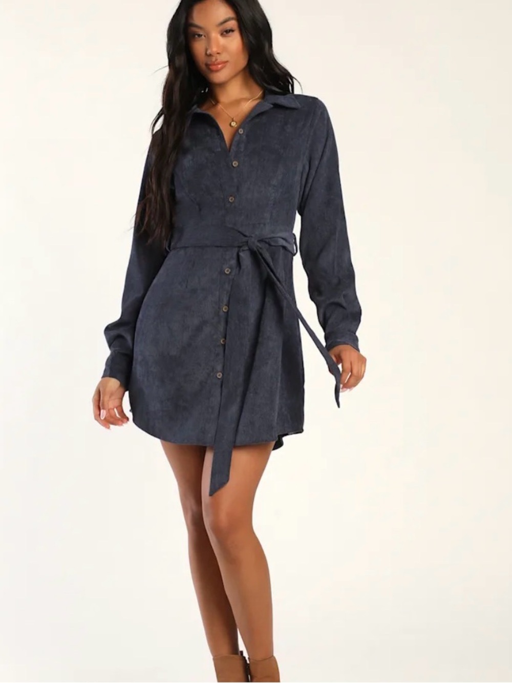 Lulu's Daily Sweetie Navy Button-Front Shirt Corduroy Mini Dress Tie Waist